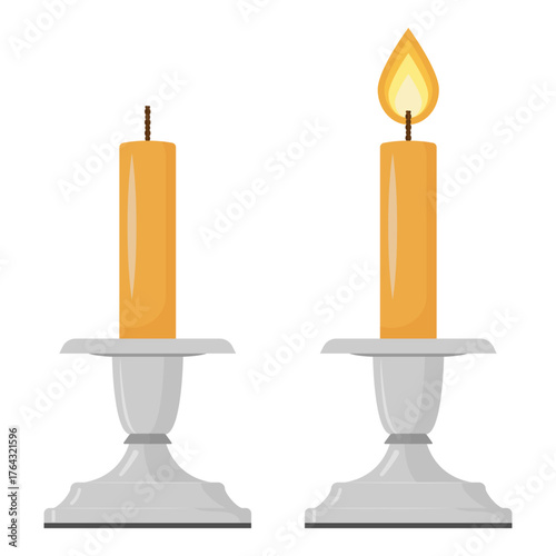 Lit and unlit candles in silver holders isolated on white
