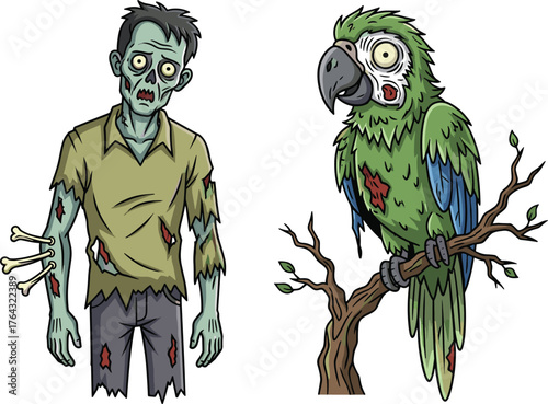Scary zombie man with undead parrot illustration, horror fantasy artwork, creepy Halloween creature design, spooky apocalypse bird and zombie art