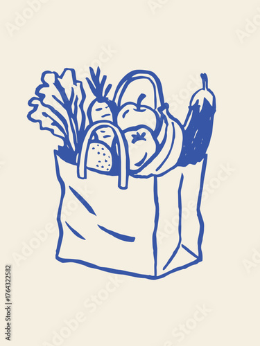 Grocery paper bag with vegetables minimalist sketch vector illustration