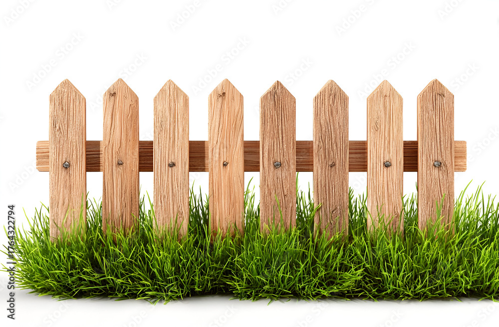 Fototapeta premium A beautiful wooden fence surrounded by lush green grass, showcasing a peaceful and natural outdoor setting.