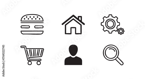Burger and shopping cart line icons for online food ordering