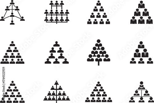 Various hierarchical and network organizational chart structures in black and white format