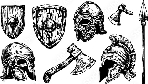 Vector illustration set of vintage armor: helmet, shield, axe, and spear. Hand-drawn historical military equipment in monochrome style.