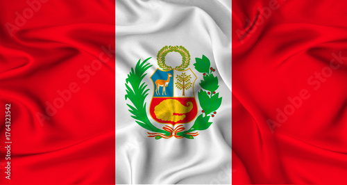 Realistic Peru flag waving. Close up of flag of Peru with cloth texture