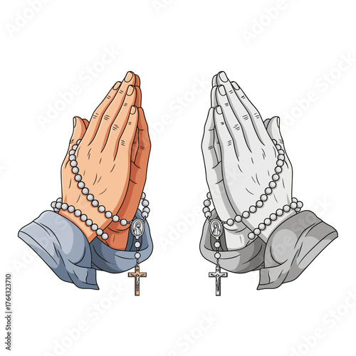 Illustration of two hands clasped in prayer, holding a rosary with a cross pendant.