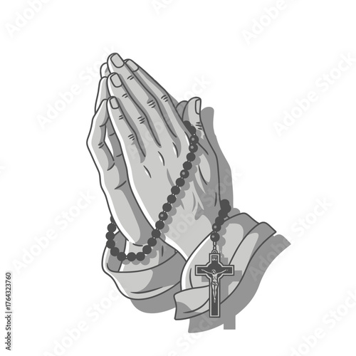 A pair of hands clasped together in prayer, holding a rosary with a crucifix.