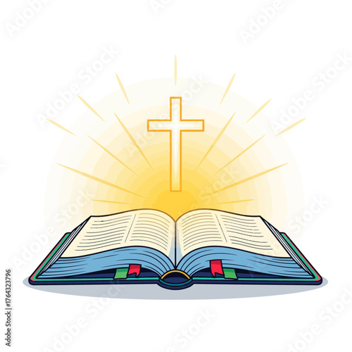 An open holy bible with a glowing cross and radiating light behind it, symbolizing faith and divine guidance.
