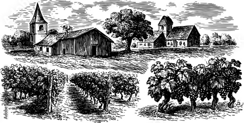 Vintage engraving illustrating a landscape with a barn, church, and vineyard. This detailed set represents rustic rural life in a black outline vector illustration.