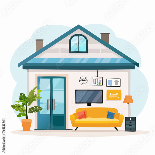 Flat vector illustration of a cozy modern house interior, showcasing a comfortable living room with stylish furniture, perfect for contemporary home living concepts