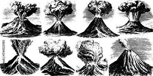 Silhouette of a volcano eruption in an antique engraving style. Black line drawing representing various eruption phases in a vintage vector illustration.