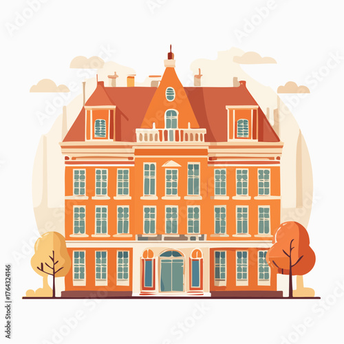 Detailed illustration of a classic European building facade with mansard roof and warm color palette, evoking historical architecture and urban charm