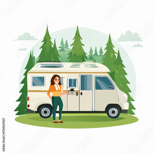 Modern flat design vector illustration of a woman with a camper van setting up camp in a pine forest for a summer road trip adventure