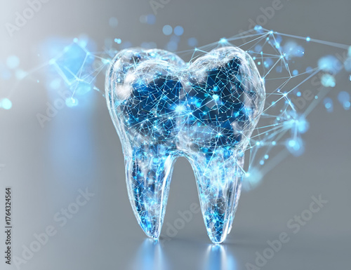 Digital dental tooth model with blue glowing particles representing health and technology in dentistry.