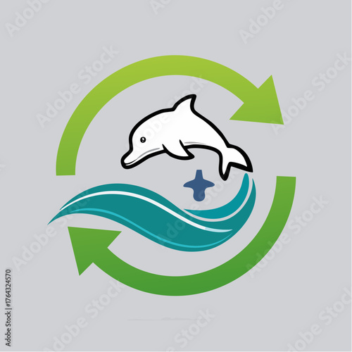 Sustainable marine conservation emblem featuring a leaping dolphin over an ocean wave, enclosed in a green recycling symbol