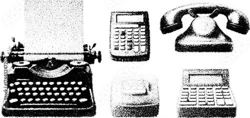 Vintage typewriter, telephone, and calculator in black silhouette. Engraving illustration with retro equipment, vector set for design.