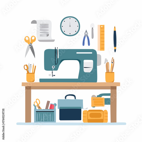 Vector illustration of a creative sewing workshop with a sewing machine on a table surrounded by various crafting tools for handmade projects