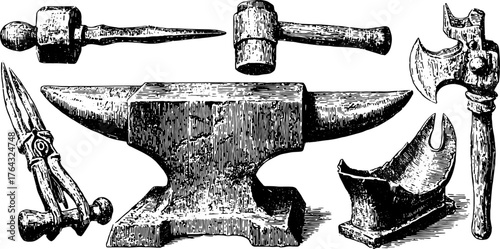 Collection of tools: anvil, hammer, axe, and clipper in vintage outline style. Detailed vector illustration capturing craftsmanship in a set.