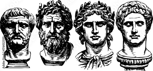 Busts of four antique heads in hand-drawn style. Vector illustration set showcasing classical artwork and historical figures.