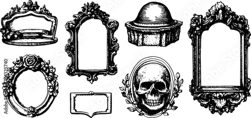 Collection of vintage frames in ornate designs. Includes decorative elements such as a skull, ideal for creative projects in vector illustration format.