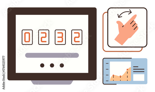 Digital counter display, hand gesture for swipe action, and graph analytics interface. Ideal for technology, data visualization, gestures, interaction, user interface, analytics minimal design