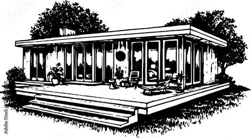 Illustration of a house in a vintage style with detailed outdoor elements. This graphic features clear outlines and is a set of vector illustrations.