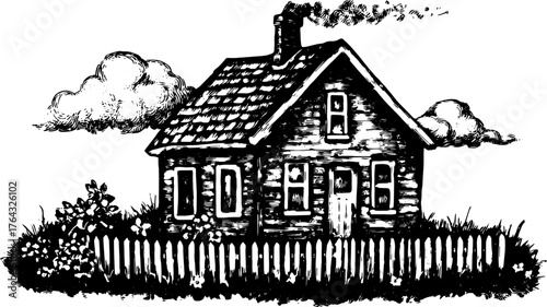 Vintage house illustration in engraving style. Detailed outline of a wood cottage with clouds and fence in a classic rural scene. Vector illustration.