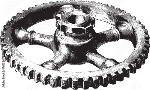 Gear and cogwheel vector illustration with detailed mechanical and industrial elements. Technical black and white engraving style.