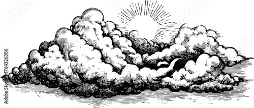 Vintage clouds and sun outlined in detailed engraving style. A monochrome vector illustration presenting a natural sky view.