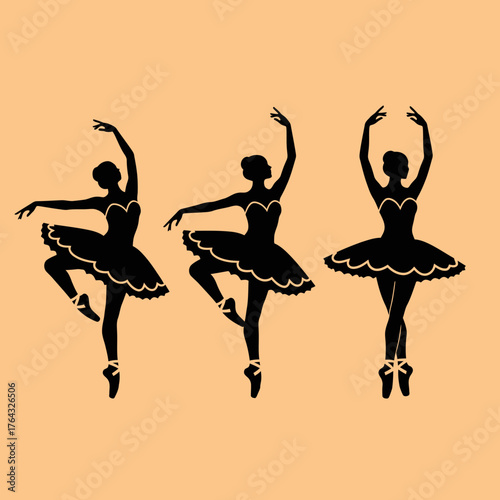 Three Ballerinas in Silhouette Performing Graceful Ballet Poses with Tutus and Pointe Shoes