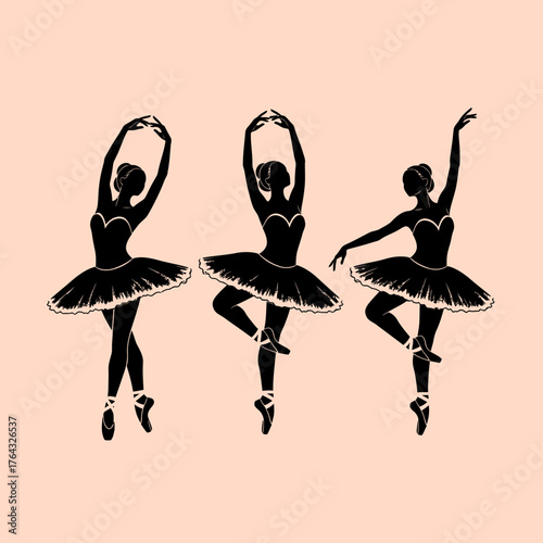 Three Ballerinas in Silhouette Performing Graceful Ballet Poses with Tutus and Pointe Shoes