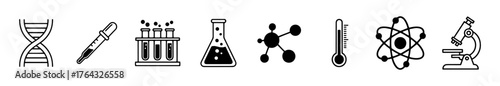 Science vector icons set, lab equipment illustration, chemistry icon and research symbol collection