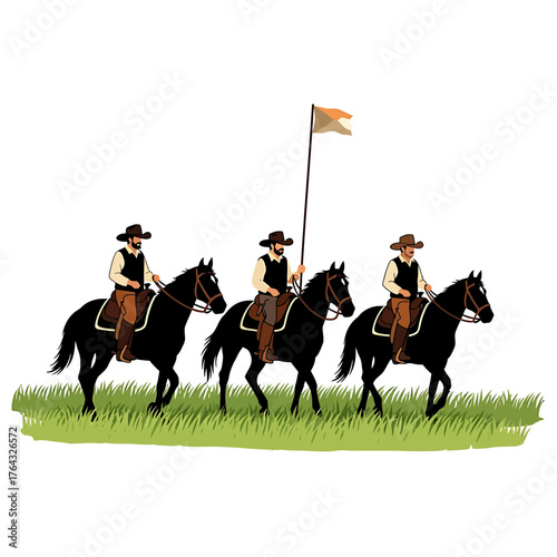 Three Horsemen Riding Black Steeds Through Green Grass, One Carrying a Flag