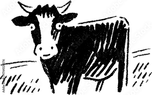 Cow graphic in black and white. Simple vector illustration representing dairy farming and agriculture.