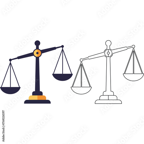 Balance scales illustration with outline version justice law equilibrium symbol filled flat design icon