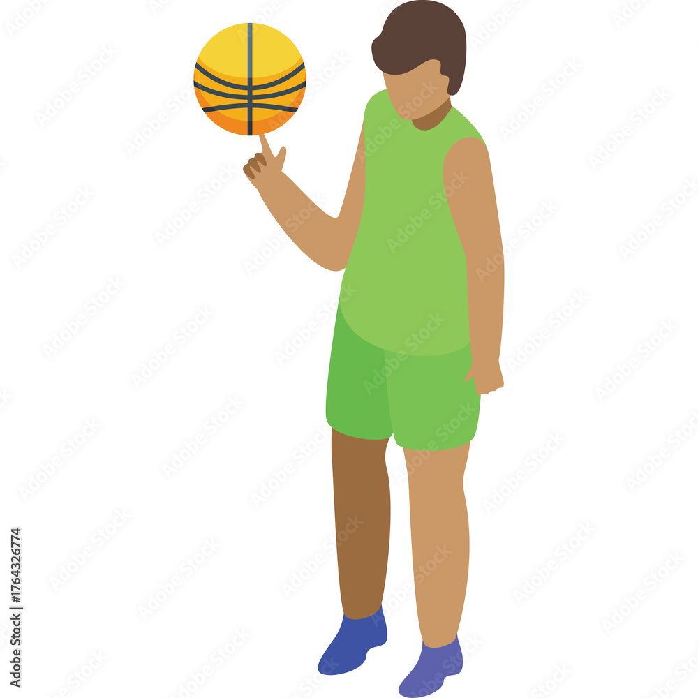 Fototapeta premium Young Person in Green Tank Top and Shorts Spinning Basketball on Finger Isolated on Transparent Background