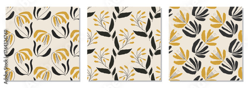 Set of trendy minimalist seamless botanical pattern with abstract creative hand drawn composition in neutral colors ideal for interior design, wallpaper, minimal background, vector illustration