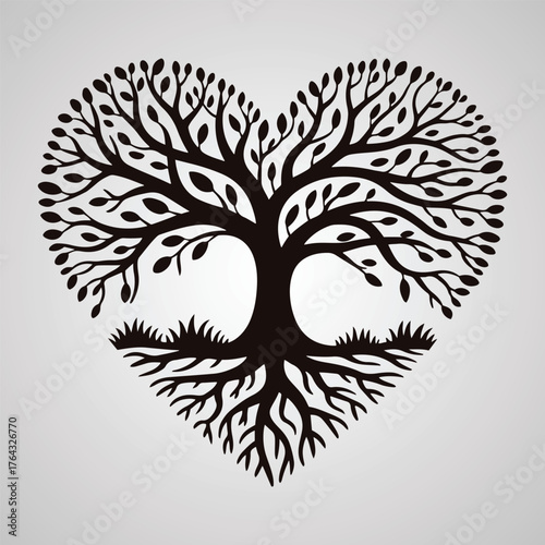 Black heart shaped tree silhouette with roots and grass on light grey background vector