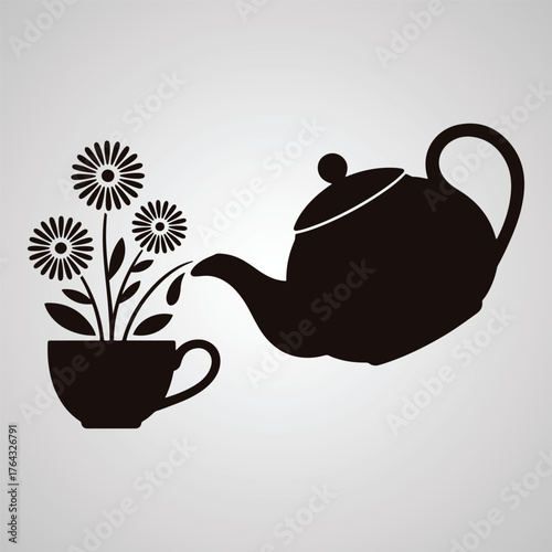 Black silhouette of a teapot pouring water onto daisies in a teacup flowers