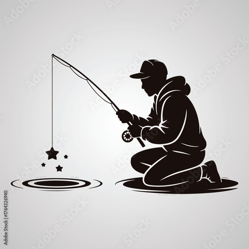 Silhouette of a person ice fishing with stars as bait vector
