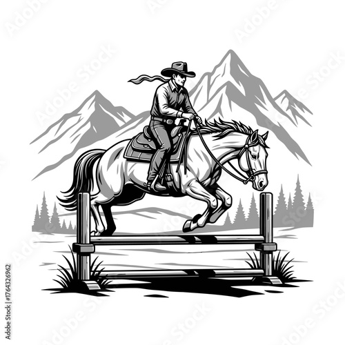 Cowboy and Horse Jumping Over Obstacle with Mountain Backdrop