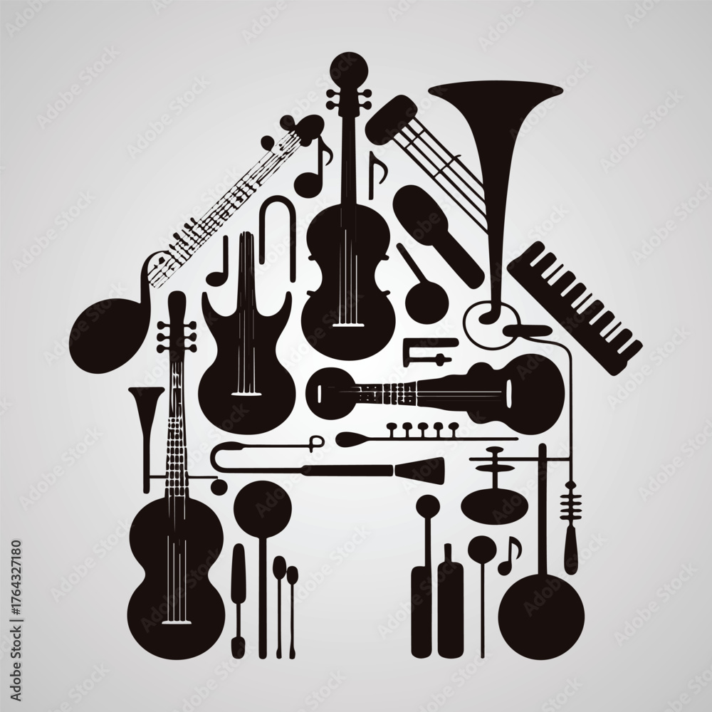 Obraz premium Silhouette house shape formed by various musical instruments and notes vector