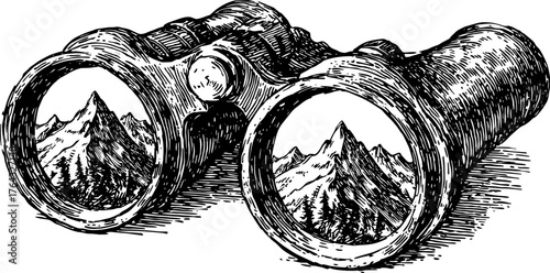 Binoculars with vintage engravings. Detailed line drawing depicting mountains in a classic vector illustration.