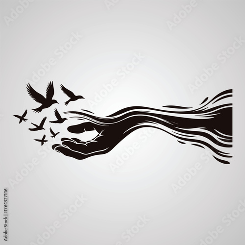 Silhouette of an open hand releasing a flock of birds into abstract wavy lines vector