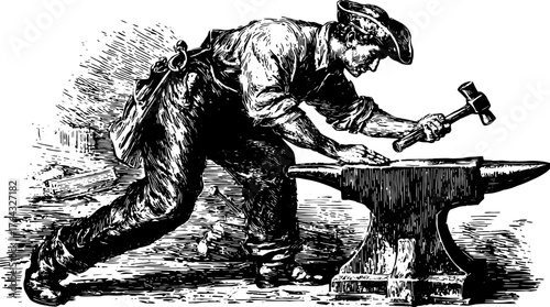 Engraving of a blacksmith working with a hammer on an anvil. Traditional hand-drawn vintage illustration set emphasizing craftsmanship and tools.