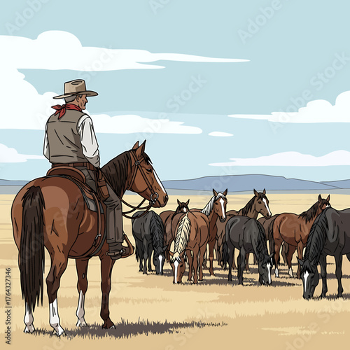 Cowboy Overseeing Grazing Herd of Horses in a Western Landscape Illustration