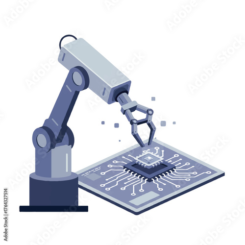 Sophisticated robotic arm precisely places a microchip component onto a blue digital schematic diagram in a flat 2D vector illustration, symbolizing automation and future technology.