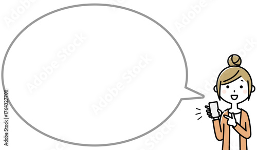 スマホを指さす若い女性　ふきだし