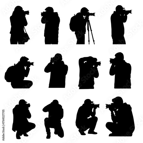 Diverse Silhouettes of Photographers in Various Poses with Cameras and Equipment