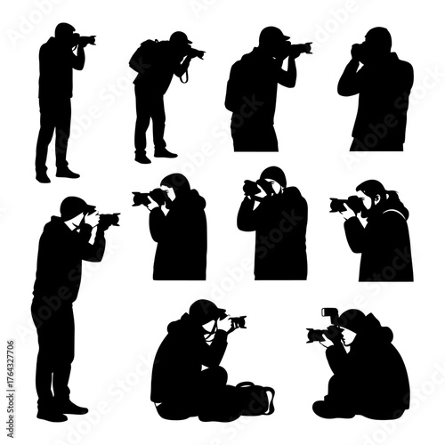 Diverse Silhouettes of Photographers in Action with Cameras and Varied Poses
