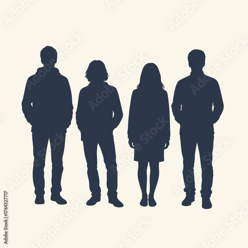 Four Silhouetted Figures: Casual Attire, Diverse Hairstyles, Standing Together